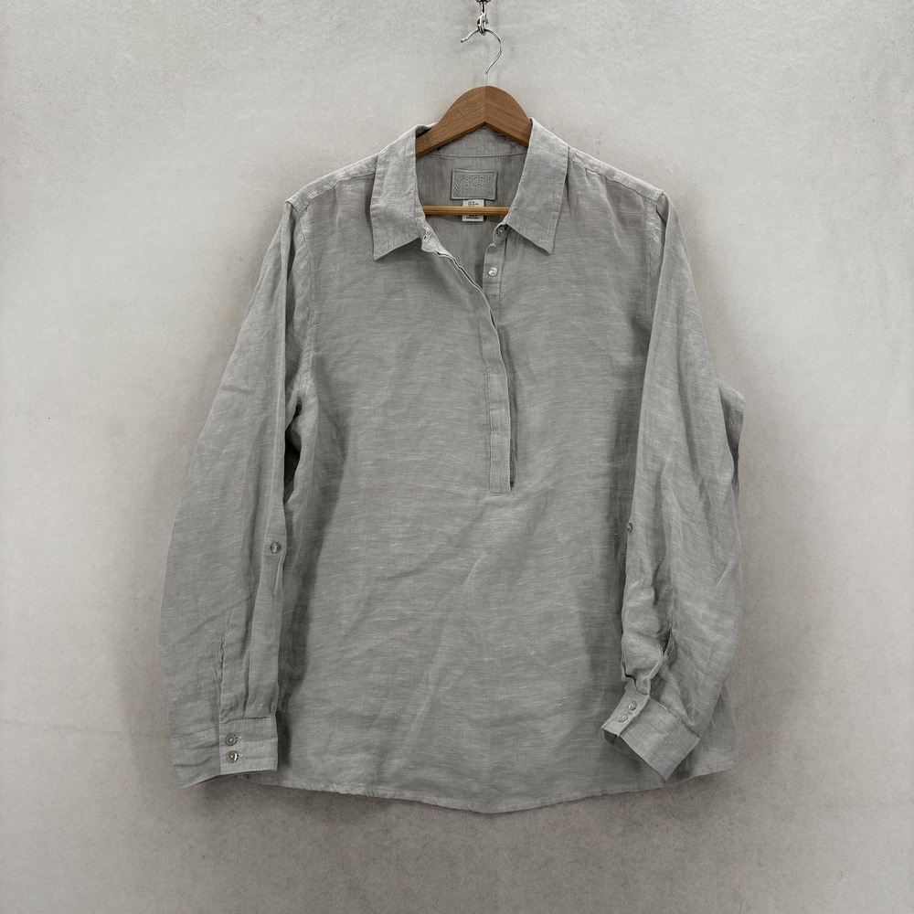 Sigrid Olsen Blouse Womens XL Gray 100% Linen Collared Long Sleeve Tunic Top
